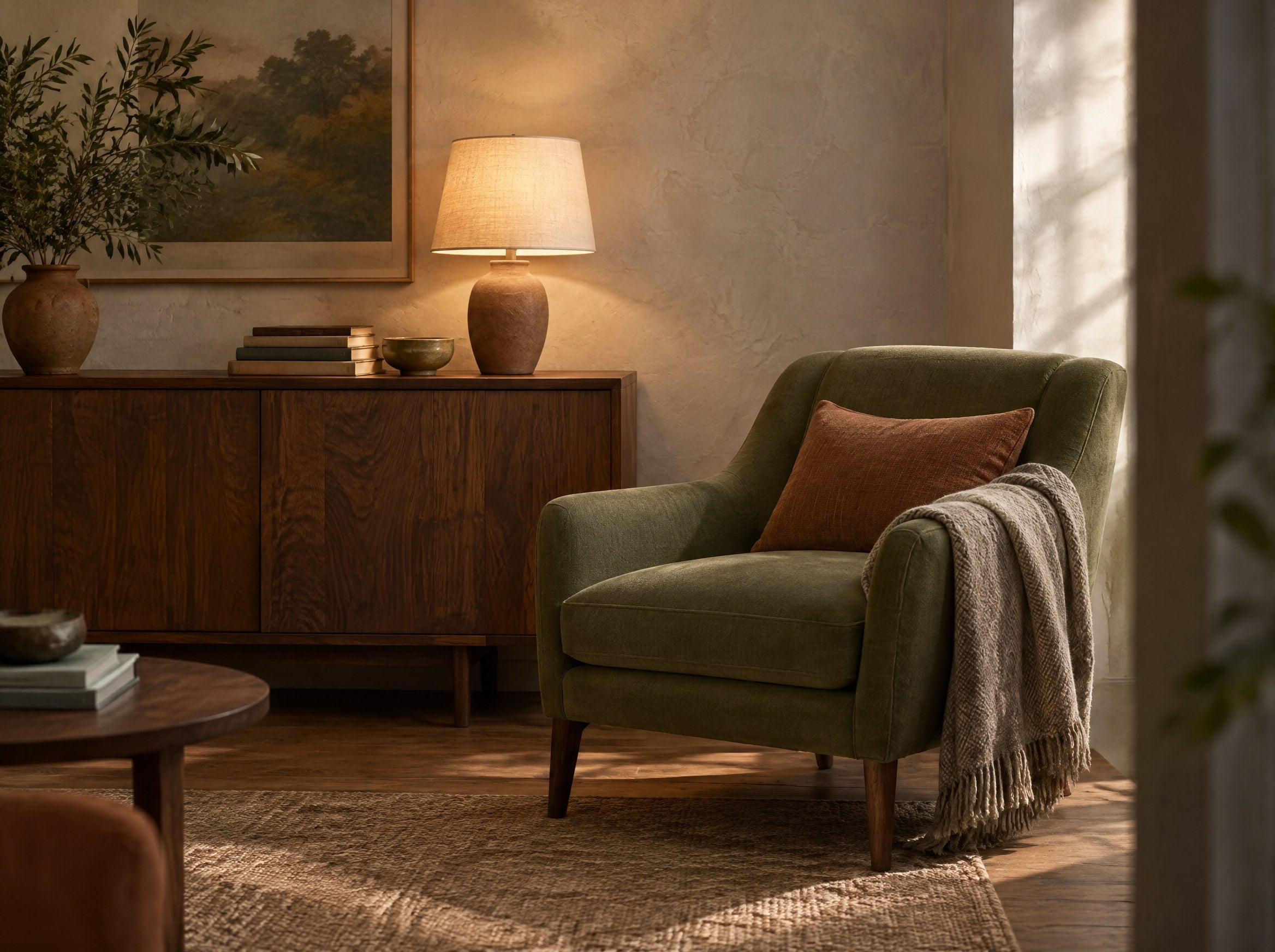 A green reading chair beside a wooden cabinet and softly glowing table lamp