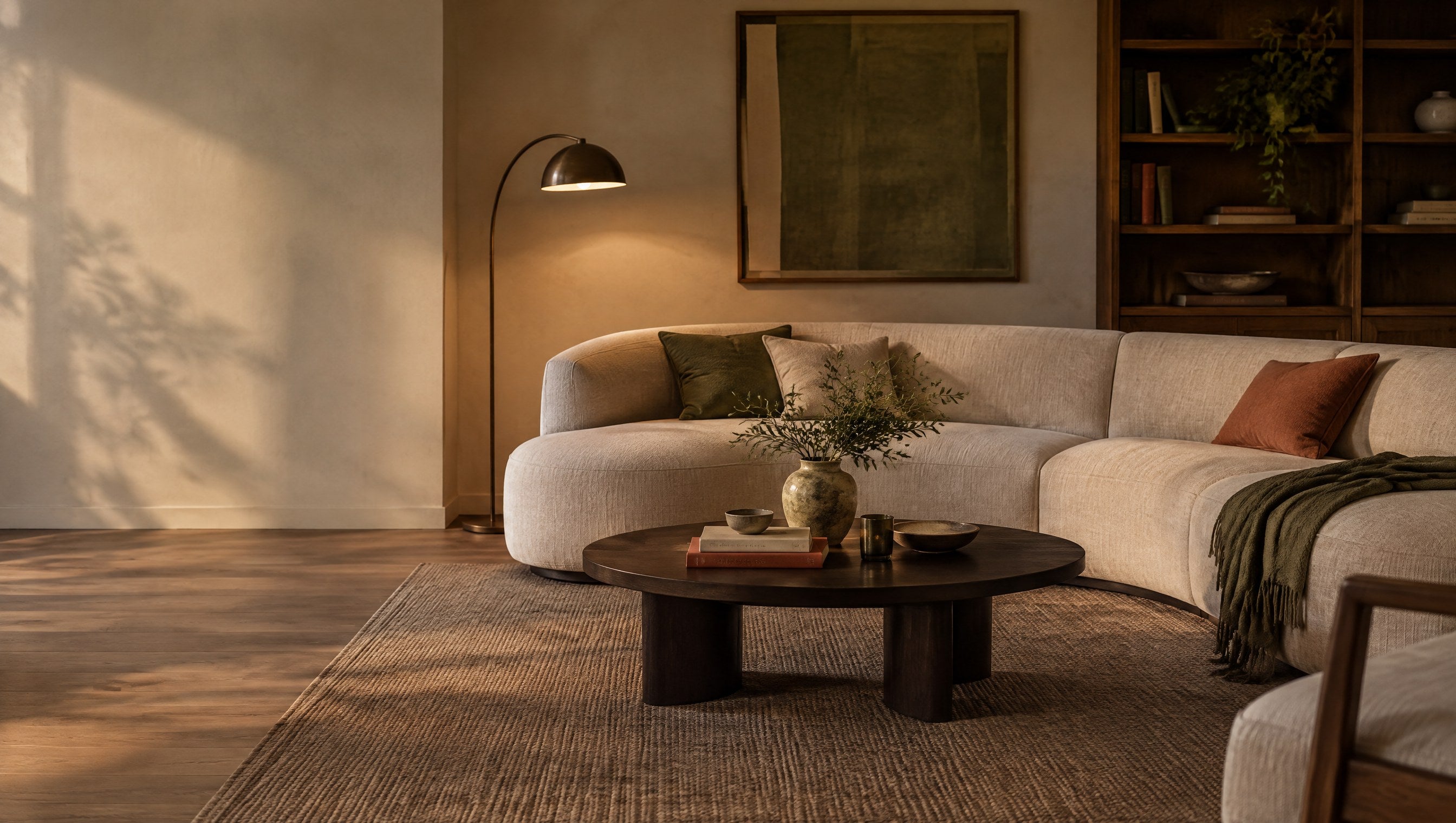 A relaxed living room with warm evening light