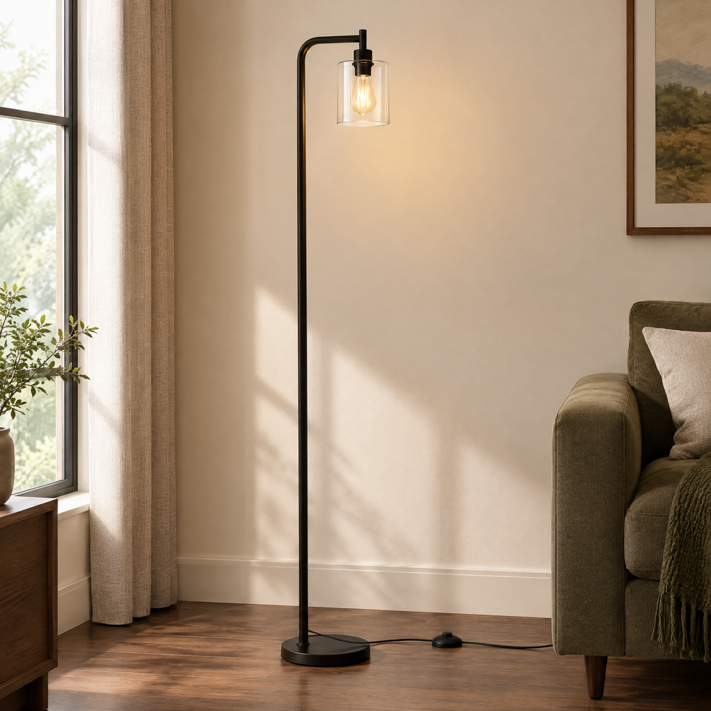 Alden Glass Floor Lamp in black - room view