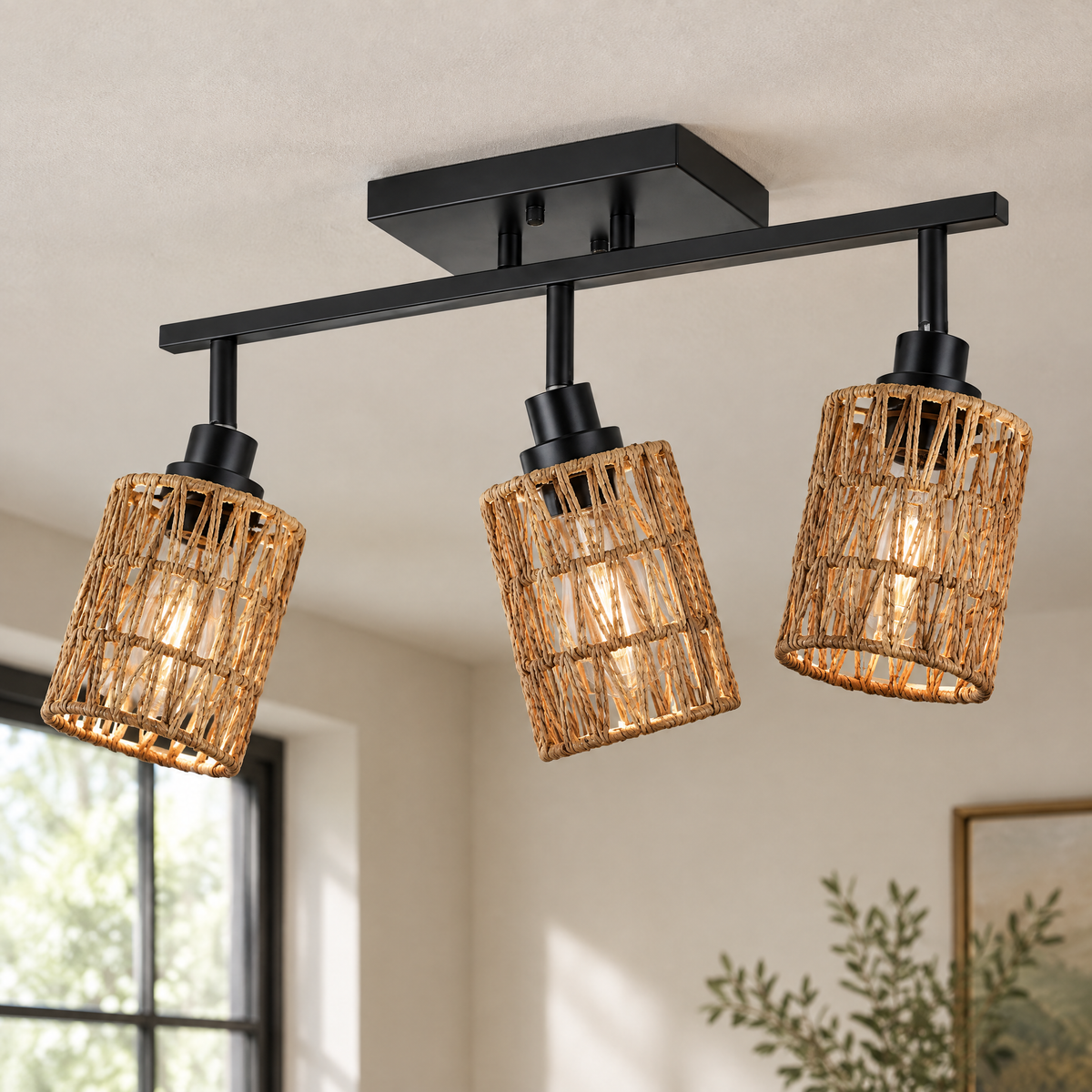 Arden Woven Ceiling Light in natural / black - material and construction detail
